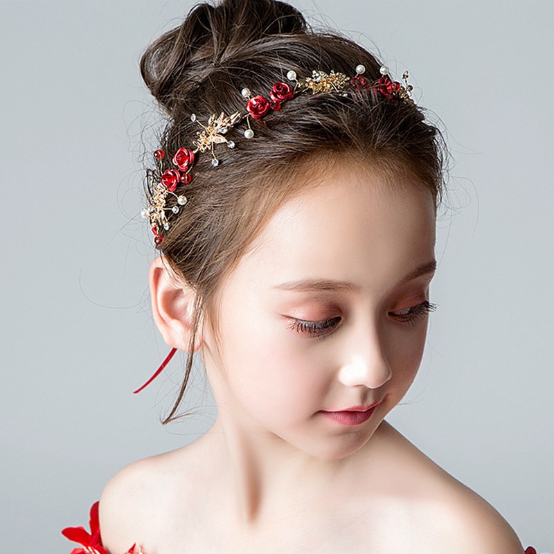 Headband with red flowers and beads