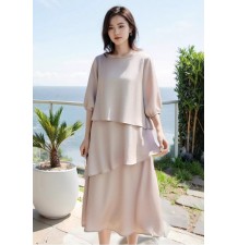 Pink loose-fitting maternity formal dress with 3/4 sleeves