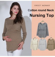 Round neck and striped long sleeve nursing top
