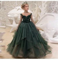 Robe vert foncé de cérémonie fille-demoiselle d'honneur 110-160cm