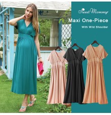 Maternity Nursing Maxi Dress With Wild Shoulder 