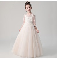 Robe longue de cérémonie fille-demoiselle couleur crème adapté