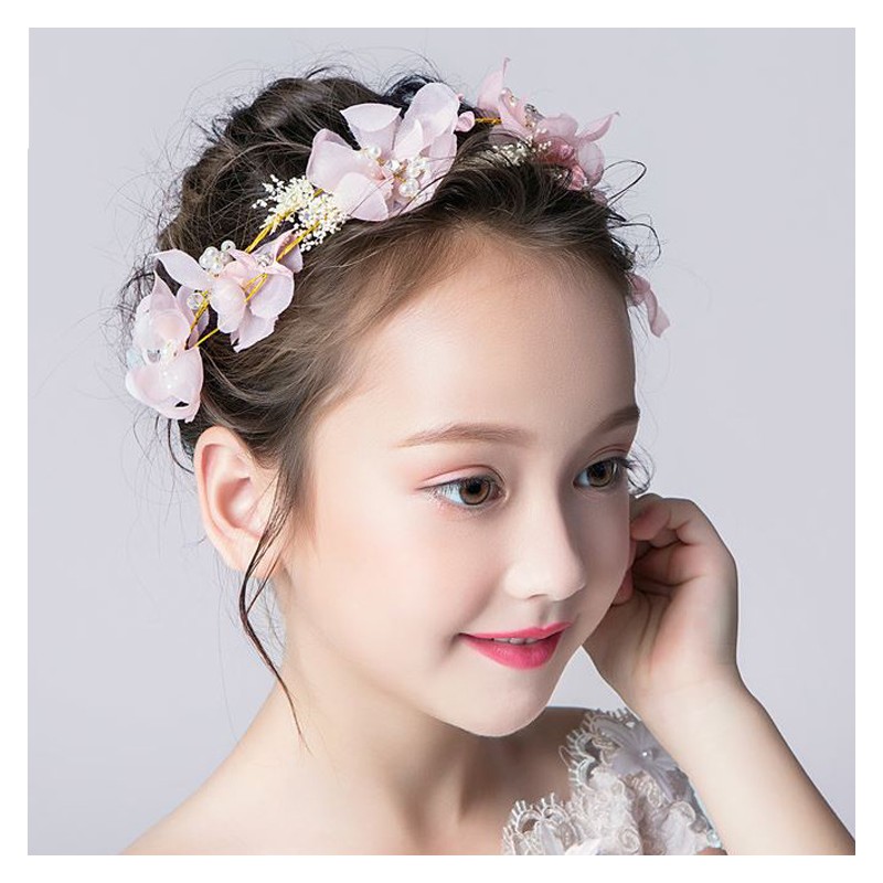 Decorated pink flowers little girl headband  for ceremonies