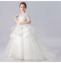 Flower girl white long formal dress with train