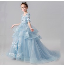 Flower girl blue long formal dress with train