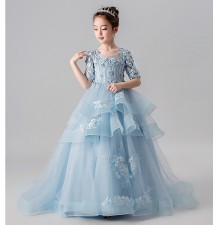 Flower girl blue long formal dress with train
