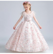 Vestito lungo ricamato con fiorini rosa per bimba damigella