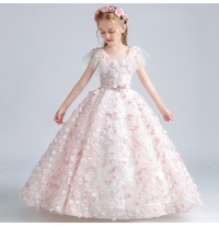 Vestito lungo ricamato con fiori rosa per bimba damigella