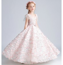 Vestito lungo ricamato con fiorini rosa per bimba damigella