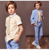 Ensemble pour enfant / garçon 4 pièces costume bleu + chemise beige