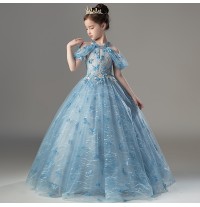 Vestito cerimonia lungo ricamato con farfalla blu per bimba damigella