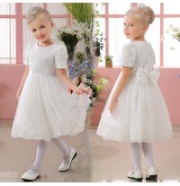 Flower girl white embroidered dress with big bow 80-150cm