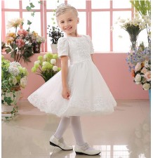 Flower girl white embroidered dress with big bow 80-150cm